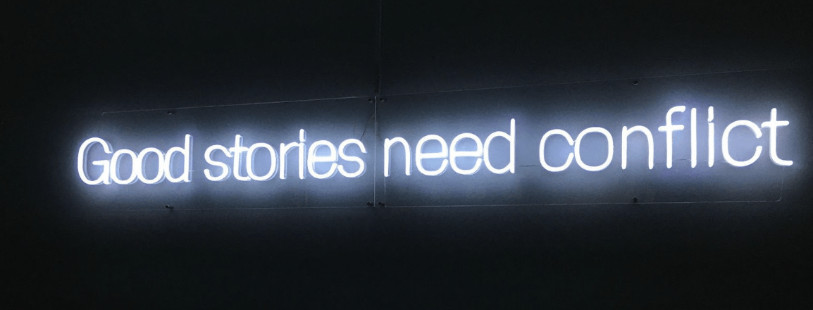 ‘Level 03’: ‘Good stories need conflict’, illuminated on the wall opposite the screening of interviews. 