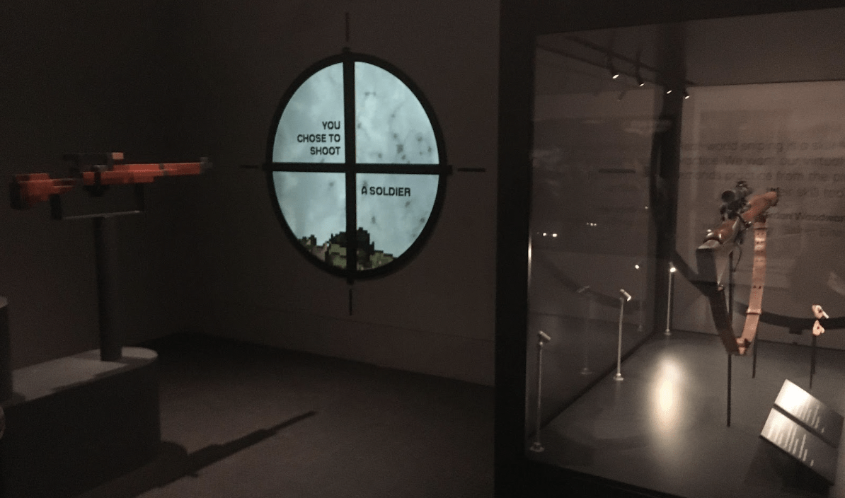 ‘Level 05’: An interactive display invites the museum-goer to ‘shoot’ virtual targets that appear on screen in their line of fire. ‘Citizens’, ‘soldiers’, ‘dogs’ and even ‘robots’ appear on the screen. 